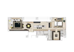 Schematic drawing of a modern apartment with open-concept living, dining, and kitchen areas.
