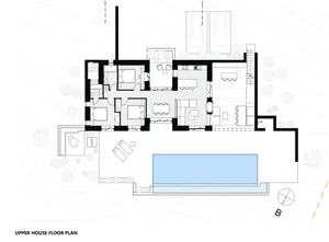 Floor plan of a modern house showing the layout of the upper levels with white color scheme.