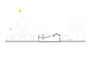A detailed 2D architectural drawing of a proposed house extension, including structural elements, windows, and doors.
