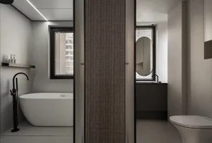 Modern bathroom featuring a concrete bathtub and minimalist design elements.