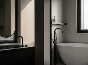 A modern bathroom with minimalist design featuring a concrete sink and bathtub, natural light from the window, and sleek blac
