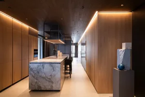Modern, minimalist kitchen with wooden cabinets and marble countertops.
