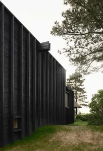 Black wooden exterior of a modern house with a dirt path and trees in the background.