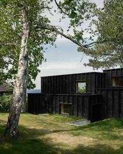 Modern exterior of a black wooden cabin with large windows and a grassy lawn.