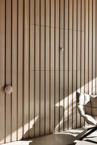 A modern interior design featuring wood paneling with a minimalist aesthetic.