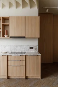A modern kitchen with wooden cabinets, a marble countertop, and a built-in cooktop.