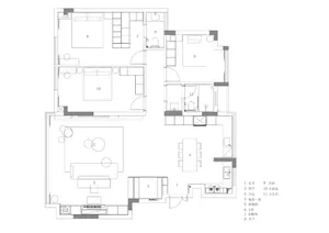 A detailed 2D architectural drawing of a residential floor plan with labeled rooms and spaces.