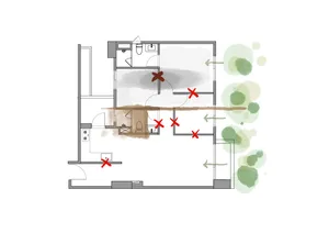 Modern floor plan of an apartment with highlighted sections.