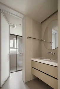 Modern bathroom with ceramic tiles and wooden vanity