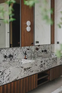 Modern bathroom with granite countertop and wooden cabinets.