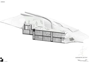 Axonometric drawing of a modern house featuring glass walls