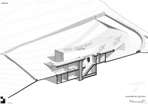 An axonometric section of a modern house with concrete walls, glass windows, and stone landscaping.