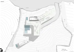 A 2D architectural plan of a modern residential house, featuring concrete walls, glass windows, and a garden.