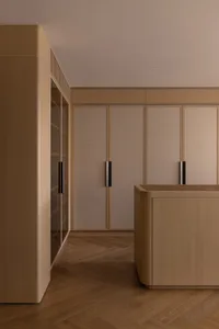 A modern minimalist closet with a wood finish, featuring sleek cabinet doors with black handles and a smooth, uncluttered des