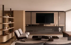 A modern minimalist living room with wooden accents and a television mounted on a sleek, minimalistic entertainment center.