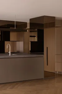 Modern residential kitchen featuring wooden cabinets and metallic accents.