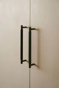 Black metal wardrobe handles with knurled texture and black background