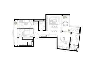 Floor plan of a modern residential interior designed in neutral colors