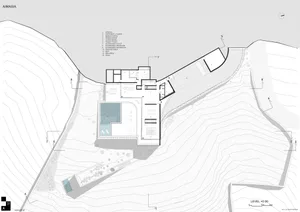 Modern architectural floor plan featuring a minimalist design with concrete elements.