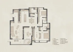 A minimalist apartment layout plan showing rooms and furniture arrangements.