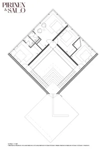 Floor plan of a modern residential interior with wood materials.