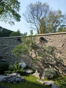 A beautiful rock garden with green plants in a sunny outdoor setting.