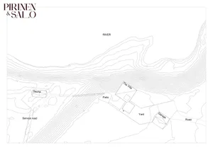2D technical drawing of a residential villa near a river, with labeled architectural components such as the Villa, Sauna, Roa