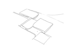 A black and white architectural floor plan sketch showing an abstract design.
