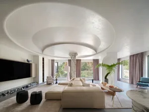 Modern living room featuring marble floor and minimalist furniture.