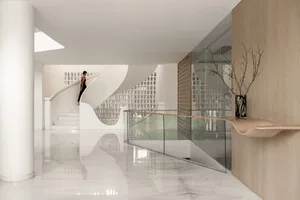 A white marble corridor with modern, minimalist design features.