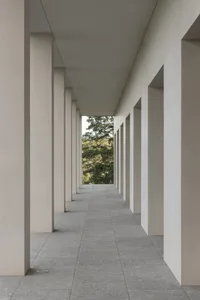 A modern corridor with concrete columns and a view of greenery.