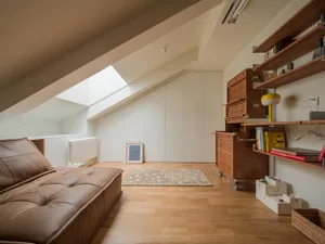 Modern living room with a wooden floor, leather sofa, and bookshelf.