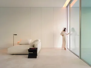 A minimalist living room featuring glass walls and a sleek, contemporary sofa.