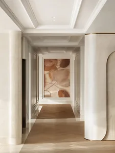 Modern interior corridor with marble ceiling and floor tile, featuring a large abstract painting.