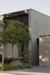 Modern residential home entrance featuring a concrete facade and minimalist design.