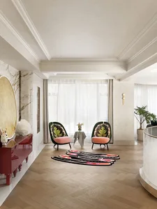 A modern living room featuring wood, marble, and fabric materials.
