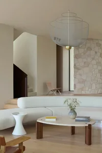 Modern living room featuring a curved sofa, coffee table, and wire chandelier hanging from the ceiling.