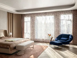 Modern residential interior with textured wood, sheer curtains, and velvet upholstery, featuring a bedroom and lounge area wi