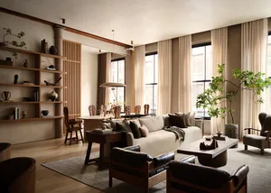 A cozy living room with comfortable furniture, wood accents, and soft textiles.