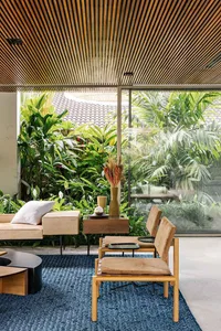 A modern interior living room with wooden furniture, plants, and a blue rug.