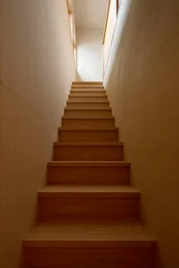 Modern minimalist wooden stairs leading upwards to a light-filled space.