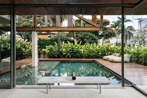 Modern residential pool with wooden deck and surrounding plants