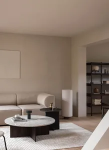 Modern living room with minimalist furniture and neutral color palette.