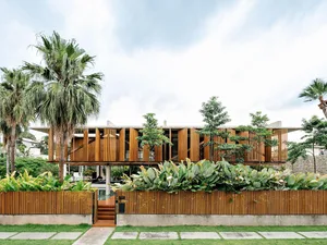 A modern residential exterior featuring wooden panels, concrete walls, and green plants