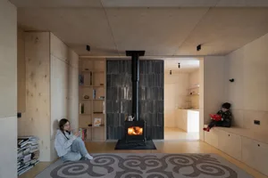 A modern minimalist living room with wooden walls and a fireplace.