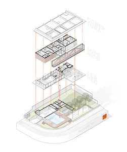 A 3D architectural rendering showcasing a modern residential plan featuring extensive use of concrete materials.