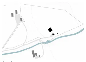 A technical drawing with topographic lines and structures showing a site layout.