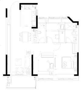 A modern apartment layout featuring open-plan living space, a kitchenette, and multiple bedrooms.