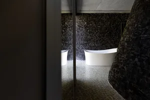 Modern bathroom interior with freestanding white bathtub against a black brick wall.