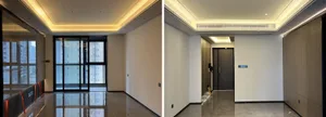 Modern interior living room corridor with concrete flooring.